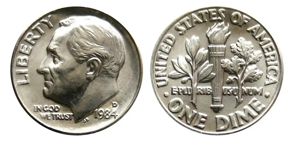 1984 Roosevelt dime obverse and reverse showing mint mark above date