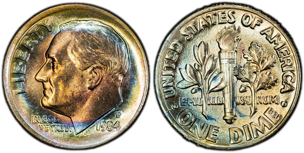 Side-by-side comparison of 1984 dime torch bands: weak merged bands left vs Full Bands separation right