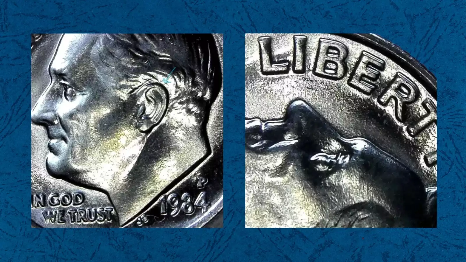 1984 dime doubled die obverse error showing doubling visible on Roosevelt's eye under magnification