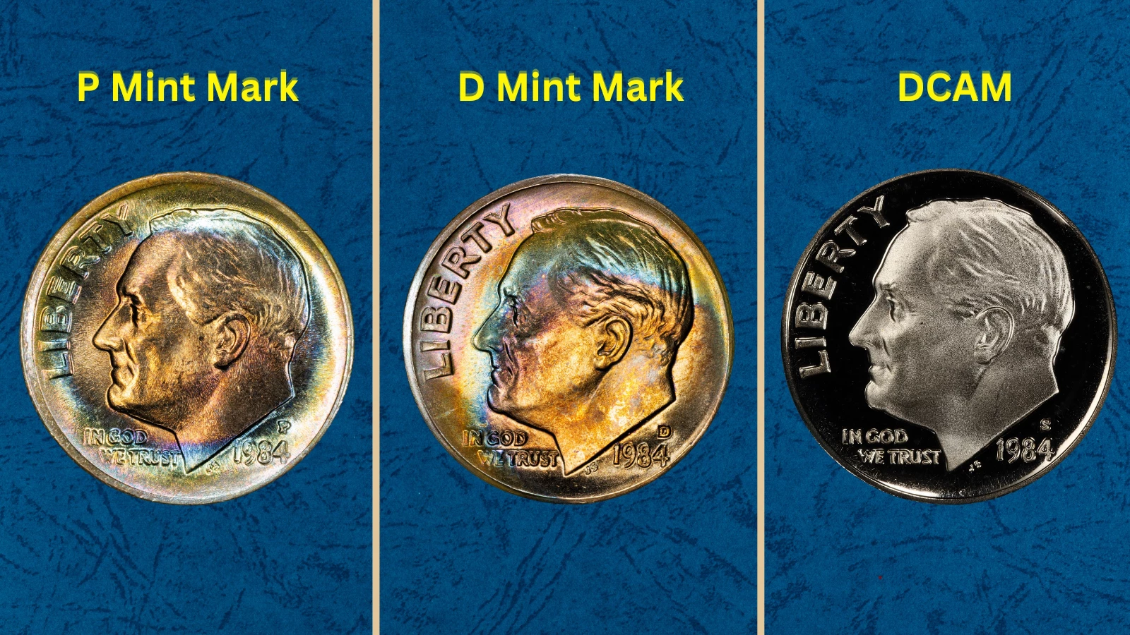 Group of 1984 Roosevelt dimes showing Philadelphia P, Denver D, and San Francisco S mint marks