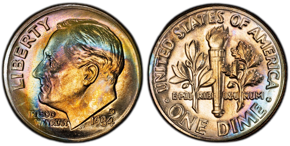 1984 Roosevelt dime grading strip showing four condition tiers from worn to gem uncirculated